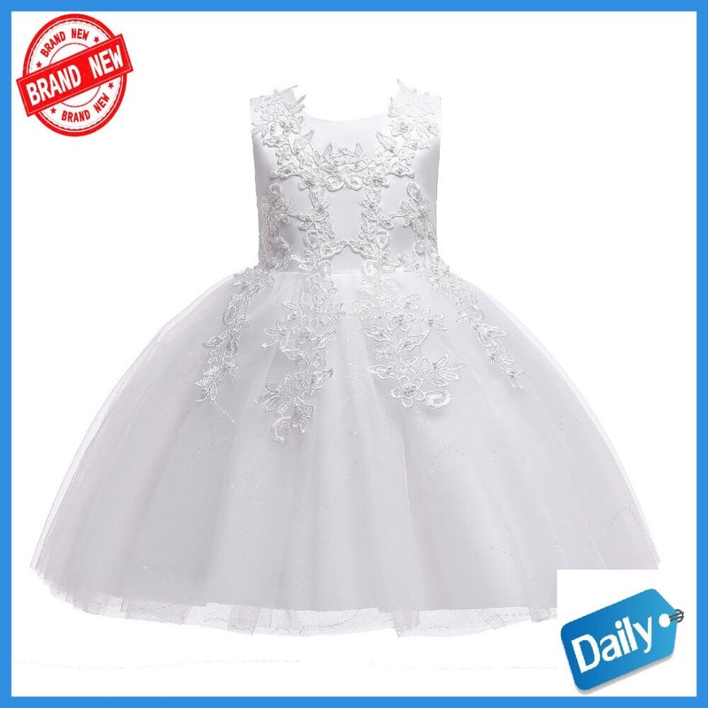 Girls White Lace Tulle Flower Girl Dress Wedding Party Pageant
